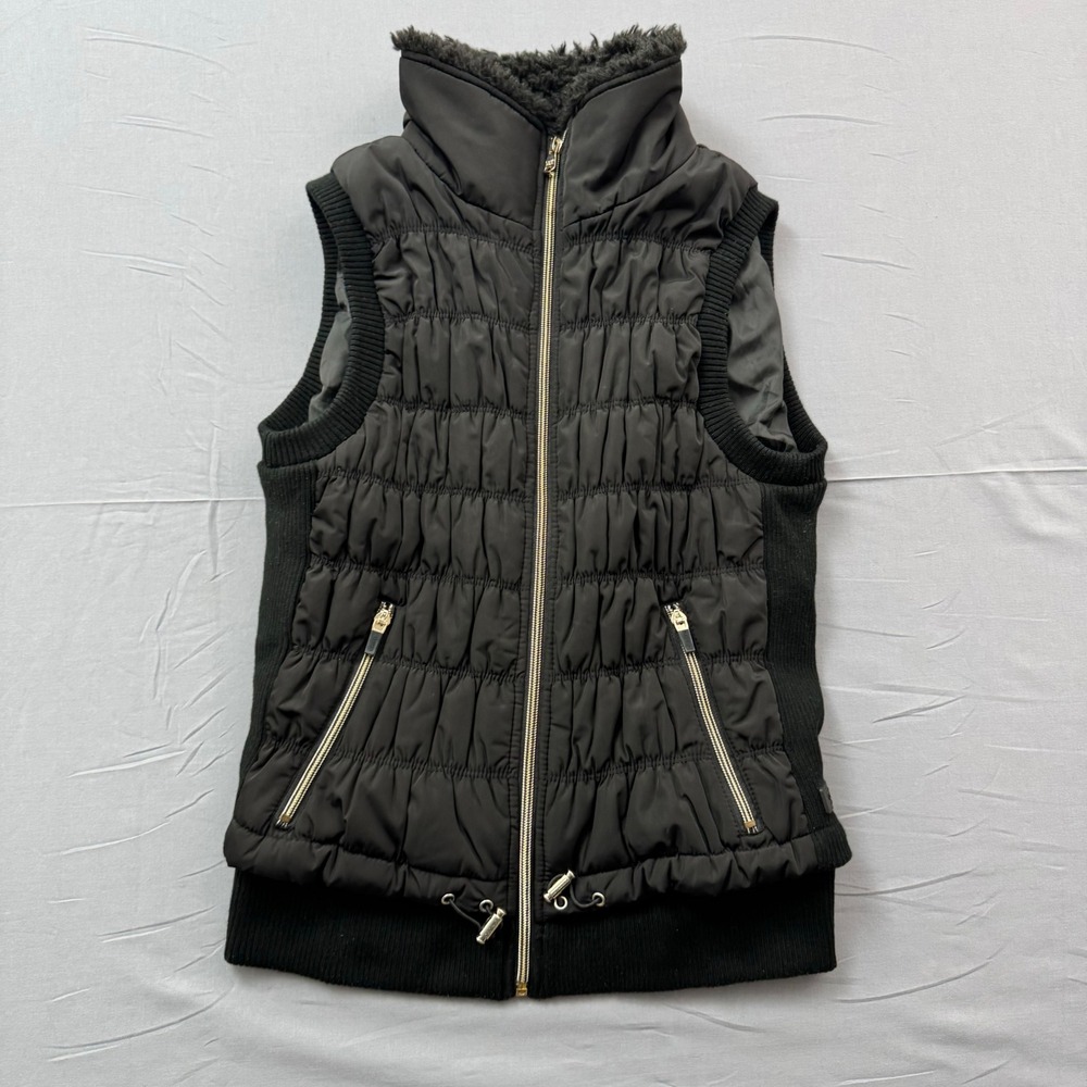 Calvin Klein Performance Black Ruched Puffer Vest Faux Fur‎ Collar Small